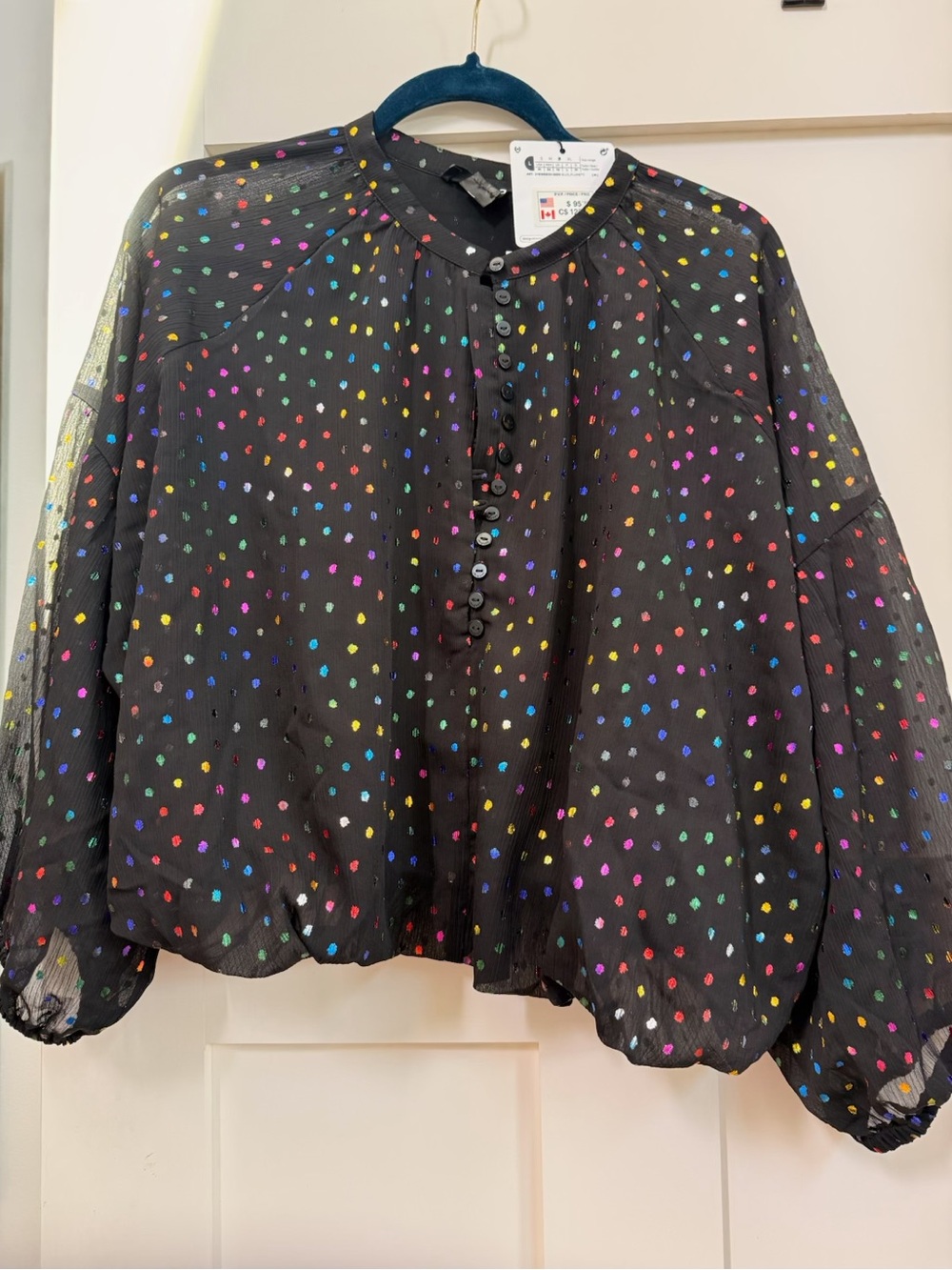 Women's Black Sheer Button-Front Blouse with Multicolor Dot Print